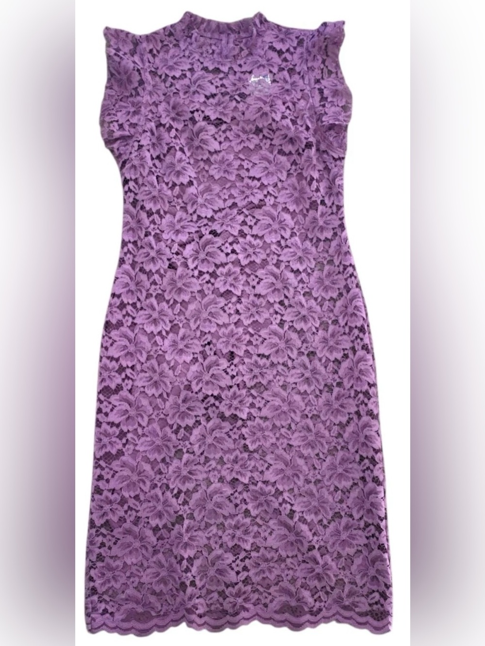 Enfocus Studio Purpl Lace Sheath Dress Size 6 Mock Neck Flutter
Sleeve Cocktail
